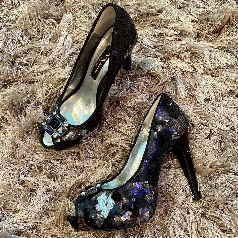 Nina Black & Silver Sequin Peep Toe Heels